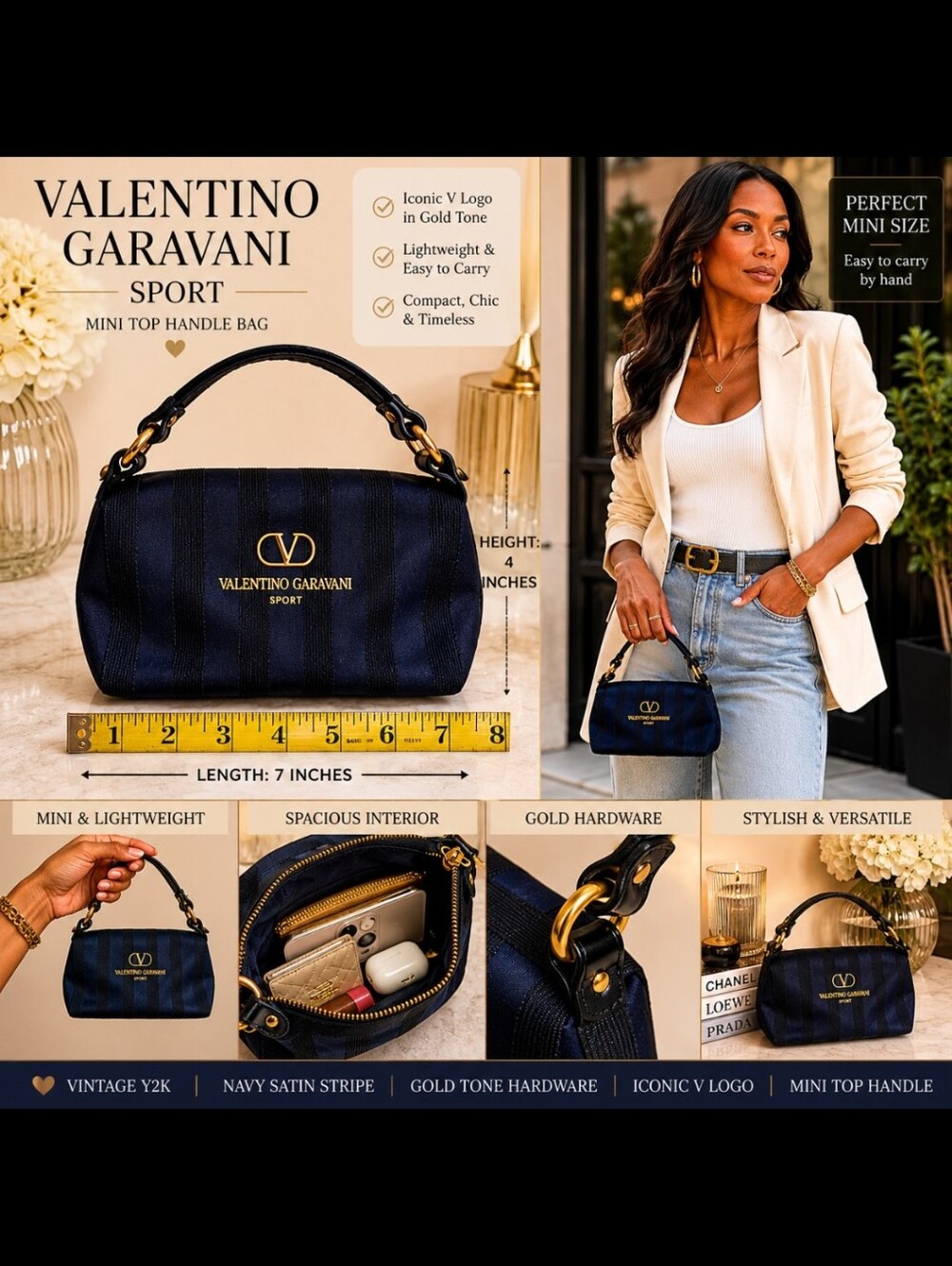 Valentino Garavani Sport Navy Satin Stripe‎ Mini Top Handle Bag